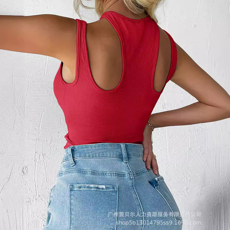 Mandylandy Body sexy roșii Topuri pentru femei, fără mâneci, cu design cu gât încrucișat