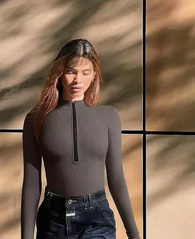 Sieviešu bodiji ar garām piedurknēm vienkrāsains rāvējslēdzējs, tievs, seksīgs modes Y2K topi