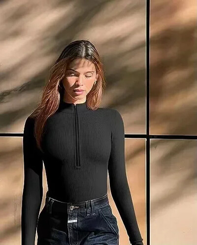 Sieviešu bodiji ar garām piedurknēm vienkrāsains rāvējslēdzējs, tievs, seksīgs modes Y2K topi