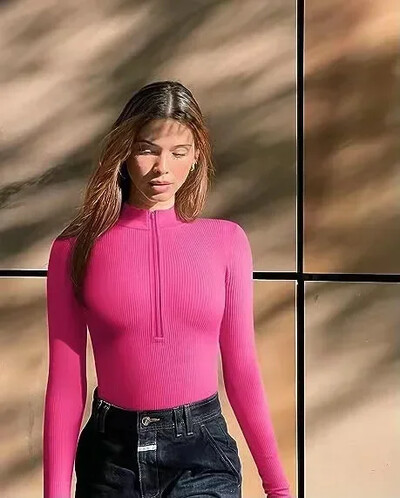 Sieviešu bodiji ar garām piedurknēm vienkrāsains rāvējslēdzējs, tievs, seksīgs modes Y2K topi