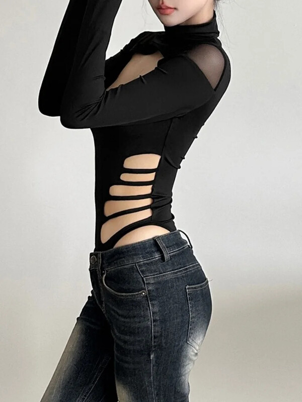 Body sexy cu scobitură Lenjerie cu gât rotic într-o singură bucată Body Feminin cu mânecă lungă Top negru Femei Îmbrăcăminte de festival Bustieră