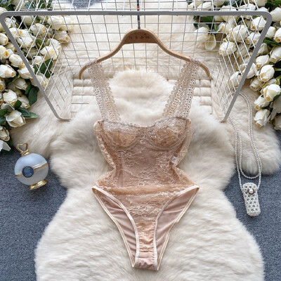 Sieviešu Hotsweet Hollow Out Vintage mežģīnes, sietveida bodiji Šiki bezpiedurkņu kombinezoni Slim Top Rompers vasaras pludmales apģērbs