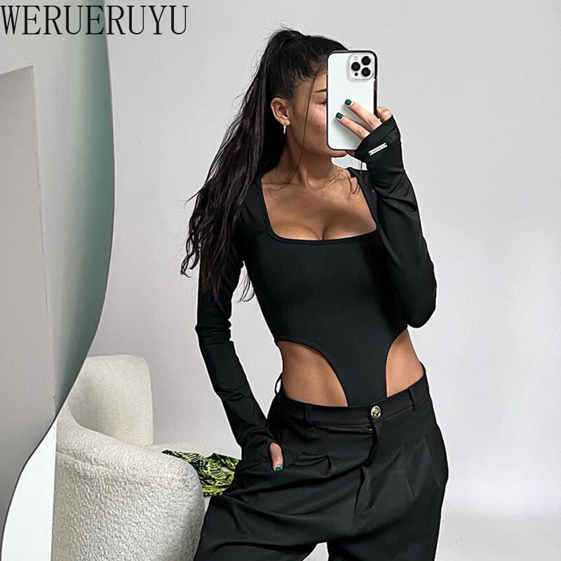 Melns sieviešu bodijs ar garām piedurknēm seksīgi topi Rudens ziemas kvadrātveida apkakles kombinezoni sievietēm ar augstu vidukli, 2024. gada apģērbi