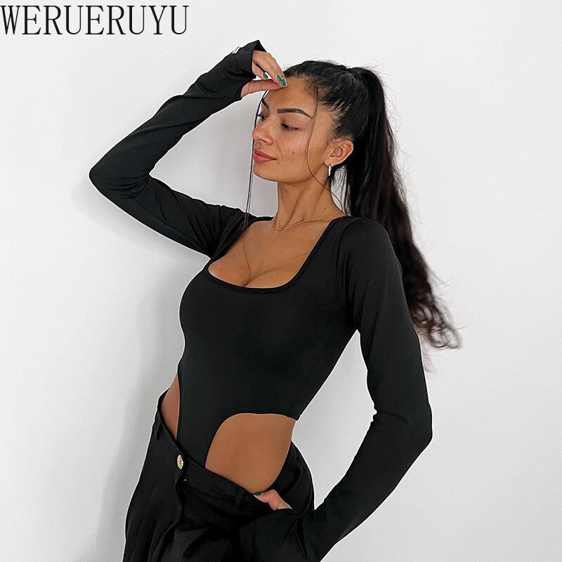 Melns sieviešu bodijs ar garām piedurknēm seksīgi topi Rudens ziemas kvadrātveida apkakles kombinezoni sievietēm ar augstu vidukli, 2024. gada apģērbi