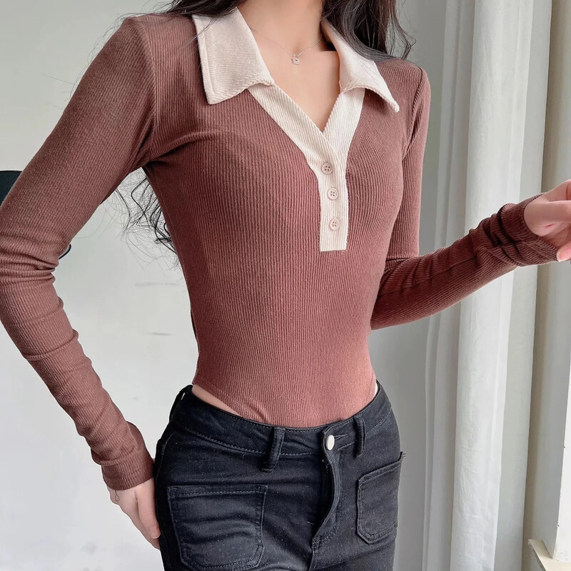 2022. g. sieviešu trikotāžas krekls ar polo kakla izgriezumu, lieli, elastīgi, garām piedurknēm, sieviešu krekliņi, eleganti kombinezoni.