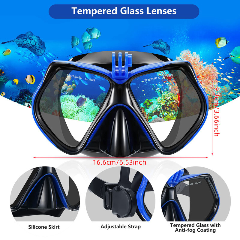 Snorkel Set Niršanas maska GoPro zemūdens sporta kamerai Pretmiglas Profesionālās peldēšanas brilles Sausā snorkelēšanas caurule pieaugušajiem