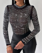 2024. gada sieviešu Rhinestone apaļa kakla tīklenes, smalks, elegants bodijs