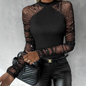 Salopetă Femei Noua toamnă 2025 cu sclipici Gât fals Skinny Sheer Mesh Patch Volumat cu nervuri Ținute pentru ieșire Body cu mânecă lungă