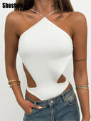 Shestyle Body fără spate cu decolteu încrucișat Halter pentru femei, alb, sexy, cu buton, solid, fără talie, 2024 pentru fete fierbinți, haine drăguțe de club