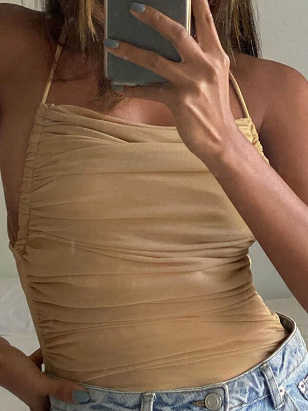 Chic modni mrežasti bodi bez rukava s nabranim halterima Ženski ženski bodi bez rukava na vezivanje Feminino top ulična odjeća