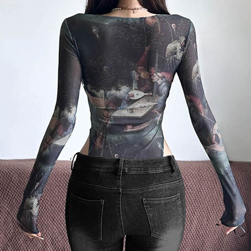 Goth Dark 90. gadu retro apdrukas tīklveida bodiji ar garām piedurknēm Cyber Y2K caurspīdīgi topi Sieviešu gotikas mežģīņu raibs bodijs, ielas apģērbs