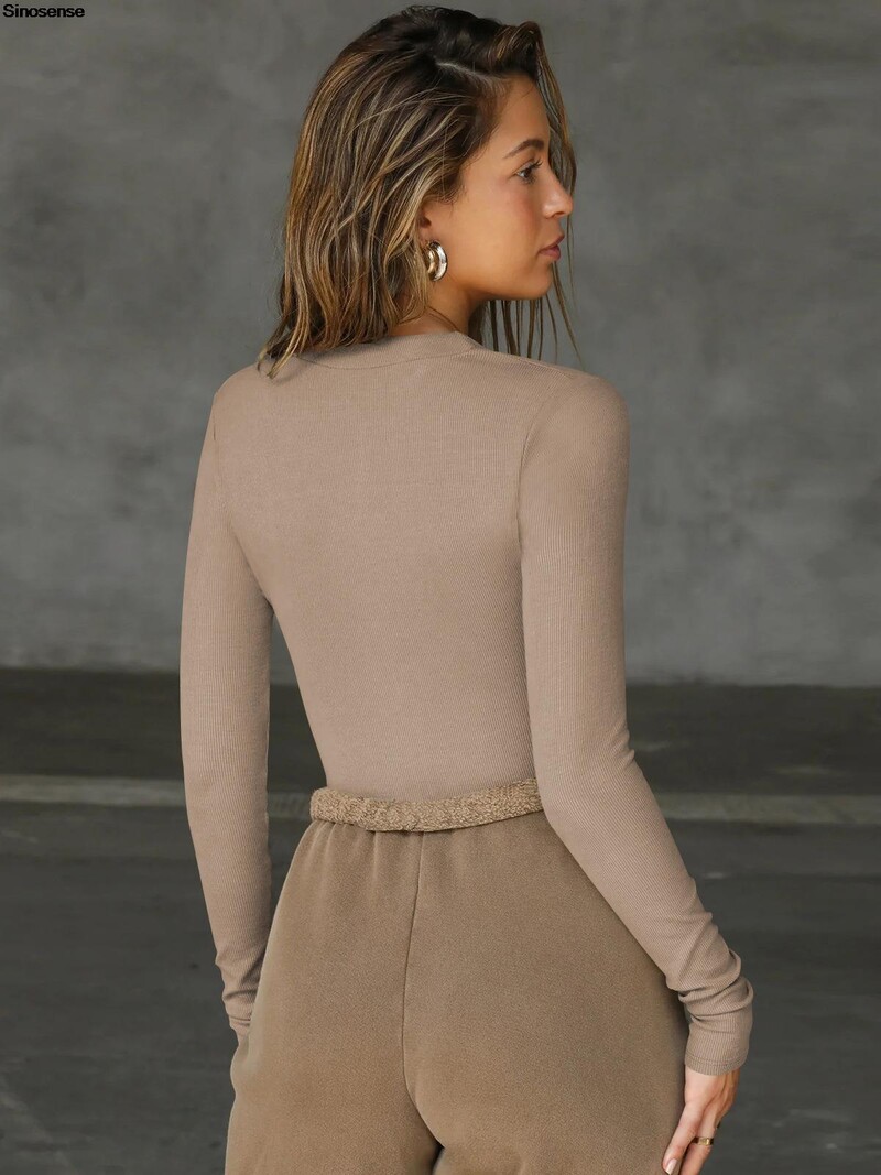 Body cu mânecă lungă pentru femei, dintr-o bucată, cu fermoar în față, pentru ieșire în afara, Body Topuri, tricouuri, sexy, cu decolteu în V, cu nervuri.