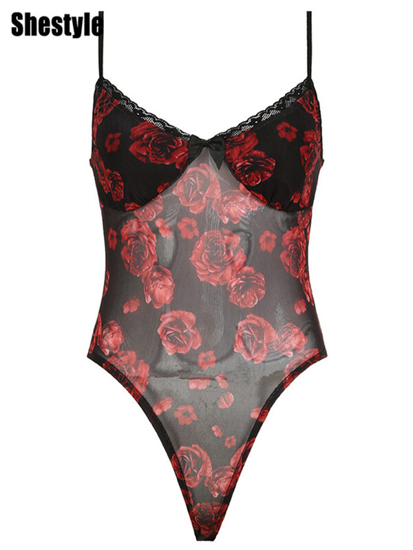 Shestyle Rose Print Tīkla spageti siksnas bodijs sievietēm, ietīšana bantīte, mežģīne bez piedurknēm bez aizmugures, romantiska elastīga V kakla izgriezuma korpuss