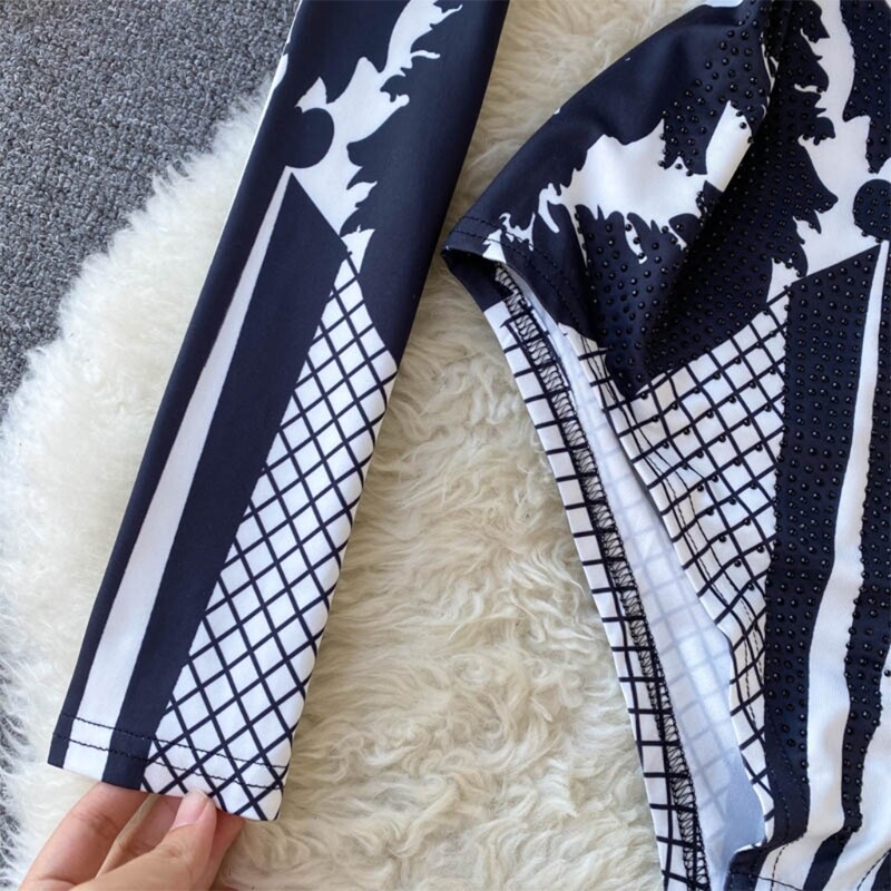 Body cu mânecă lungă pentru femei, cu guler în picioare, elegant, vintage, cu imprimeu floral, pentru tricou cu mărgele cu strasuri, top bodycon fit H9ED