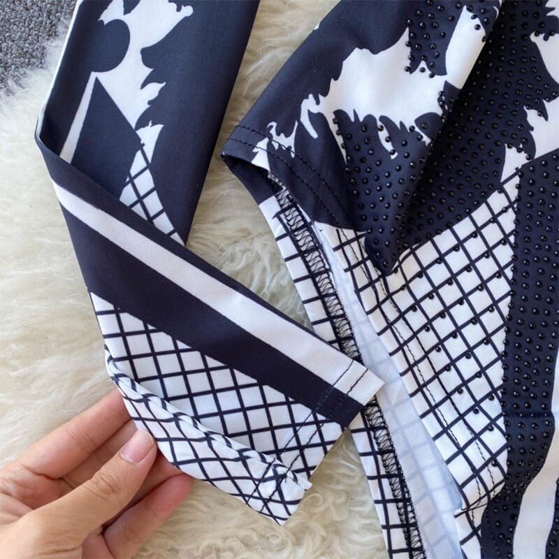 Body cu mânecă lungă pentru femei, cu guler în picioare, elegant, vintage, cu imprimeu floral, pentru tricou cu mărgele cu strasuri, top bodycon fit H9ED