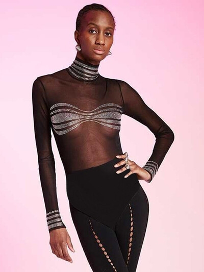 Body sexy Lenjerie cu aplicație Într-o singură piesă Body Feminino See Through Top negru Femei Rave Outfit Turtleneck Lenceria Tranparente