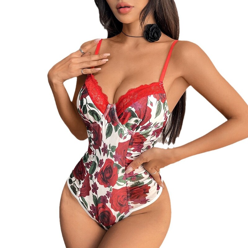 Bez rukava, uski cvjetni print, seksi gornji dio bodija na naramenice, ženski crveni, čipkani, jednobojni, jednostavni, osnovni, kamisol za odmor