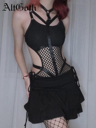 AltGoth Gothic Seksi mrežasti kombinezon Ženski Harajuku Streetwear Mall Goth See Through Body Noćni klub Izdubljene Emo hlače