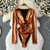 Hotsweet šūpojošs V-veida kakla izgriezums, elegants, garām piedurknēm, elegants, spilgtas tekstūras bodijs. Top korejiešu seksīgs High Street rudens ziemas kombinezons