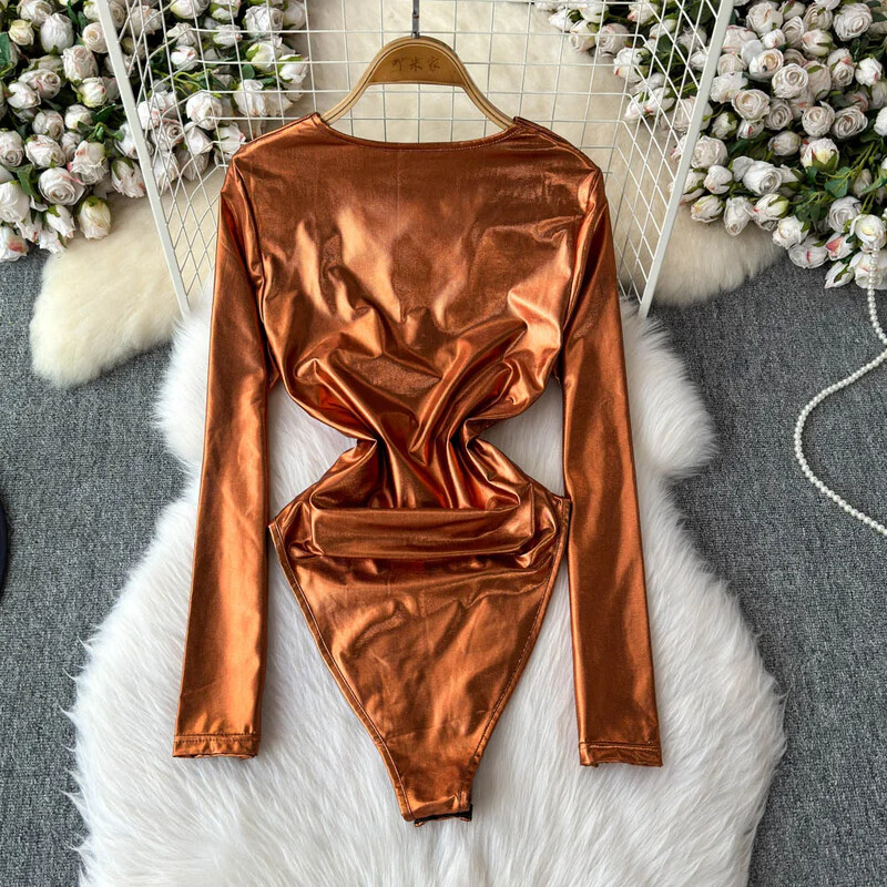 Hotsweet šūpojošs V-veida kakla izgriezums, elegants, garām piedurknēm, elegants, spilgtas tekstūras bodijs. Top korejiešu seksīgs High Street rudens ziemas kombinezons