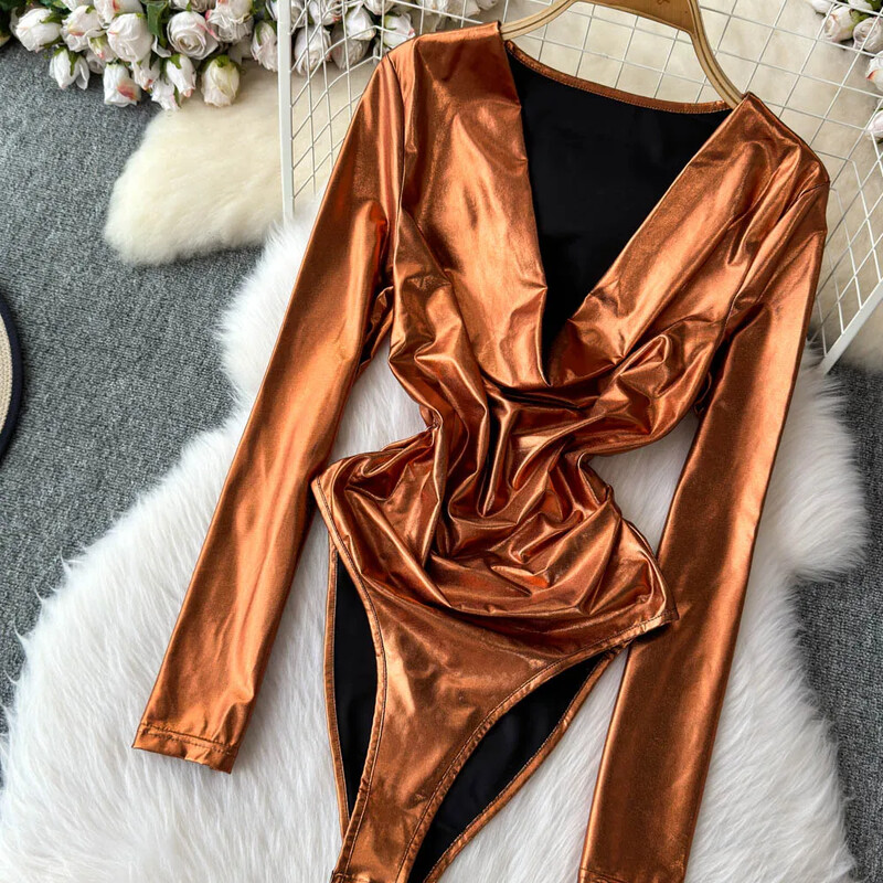 Hotsweet šūpojošs V-veida kakla izgriezums, elegants, garām piedurknēm, elegants, spilgtas tekstūras bodijs. Top korejiešu seksīgs High Street rudens ziemas kombinezons