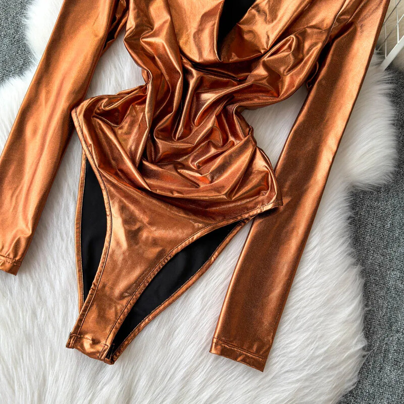 Hotsweet šūpojošs V-veida kakla izgriezums, elegants, garām piedurknēm, elegants, spilgtas tekstūras bodijs. Top korejiešu seksīgs High Street rudens ziemas kombinezons