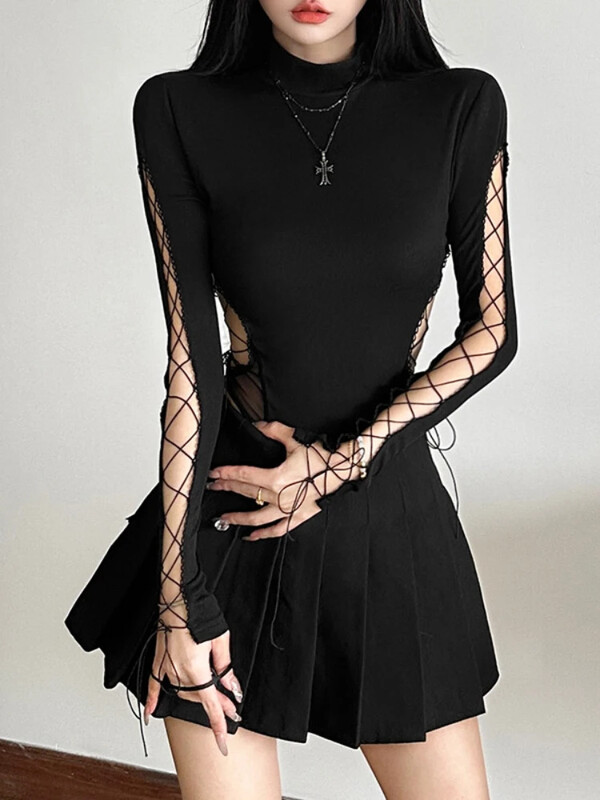 Pusaugstas apkakles šaurs bodijs Hot Sexy Hollow Out Bandage viengabala topi Gothic Streetwear Cyber Y2K Slim Bodysuits