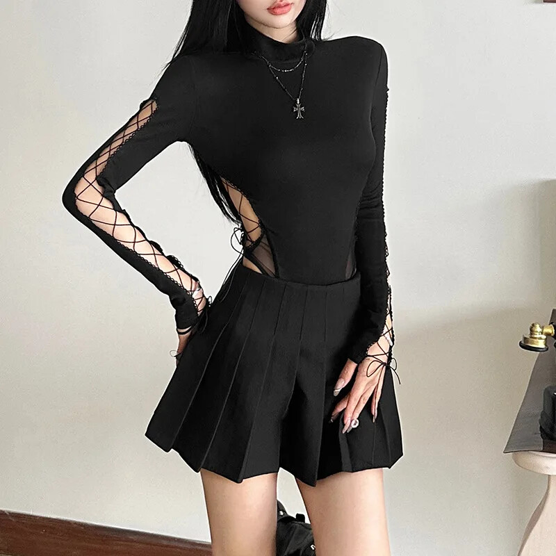 Pusaugstas apkakles šaurs bodijs Hot Sexy Hollow Out Bandage viengabala topi Gothic Streetwear Cyber Y2K Slim Bodysuits