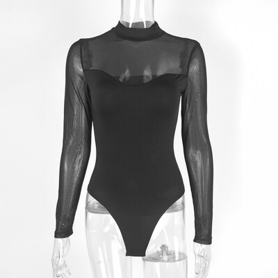 Gtpdpllt Moda primăvară-vară Salopetă din plasă mozaic cu mâneci lungi, subțire, guler jumătate înalt, negru, fermecător, îmbrăcăminte de club, topuri