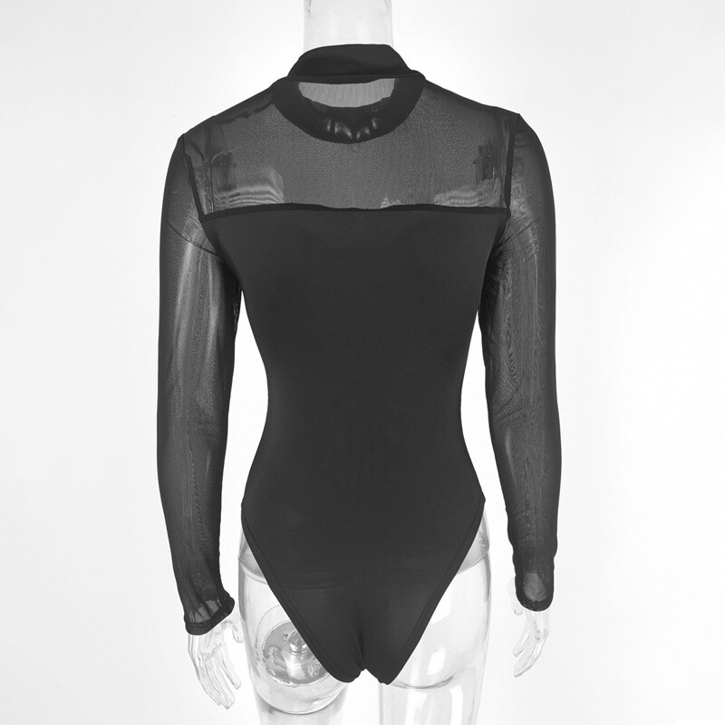 Gtpdpllt Moda primăvară-vară Salopetă din plasă mozaic cu mâneci lungi, subțire, guler jumătate înalt, negru, fermecător, îmbrăcăminte de club, topuri