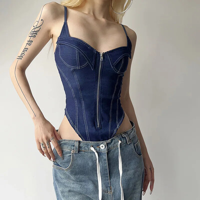 2024, nou retro, toamnă, cu fermoar, denim, body cu mânecă lungă, cu umăr, subțire, sexy, camisole, subțire.