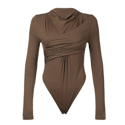 Ženski trendi seksi rastezljivi uski bodi dugih rukava s nepravilno nabranim trikoom