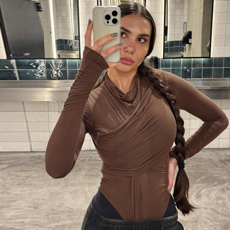 Ženski trendi seksi rastezljivi uski bodi dugih rukava s nepravilno nabranim trikoom