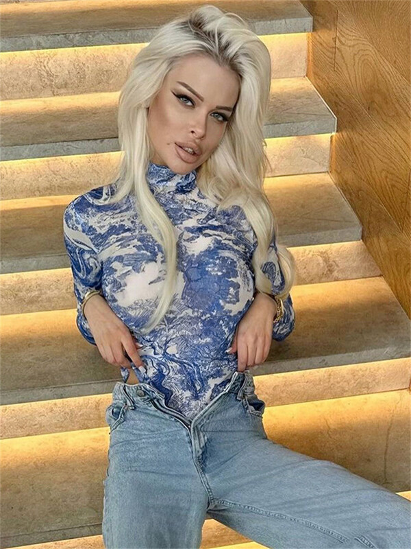 kliou Mesh Scenery Print Sieviešu bodiji Hipster Fall ar pilnām piedurknēm bruņurupuču apkakli augumu veidojošie topi Sieviešu estētiski ielu rotaļu tērpi