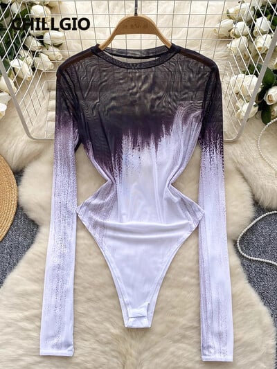 CHILLGIO pentru femei de culoare degradată din plasă Catsuits Body transparenti Sexy Bodycon Romper Top cu mânecă lungă Costume de femei șic și elegante