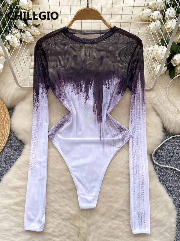 CHILLGIO pentru femei de culoare degradată din plasă Catsuits Body transparenti Sexy Bodycon Romper Top cu mânecă lungă Costume de femei șic și elegante