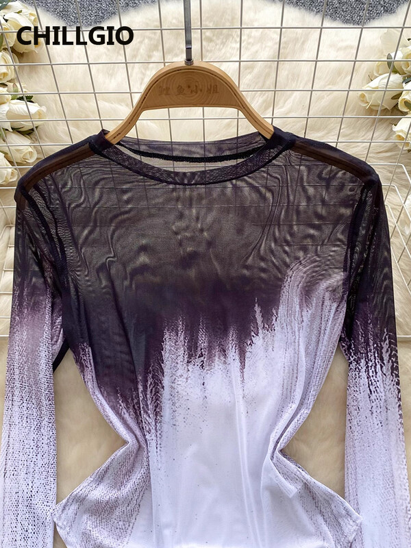CHILLGIO pentru femei de culoare degradată din plasă Catsuits Body transparenti Sexy Bodycon Romper Top cu mânecă lungă Costume de femei șic și elegante