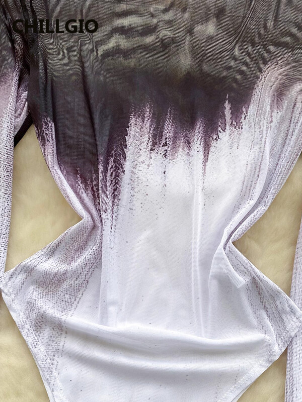 CHILLGIO pentru femei de culoare degradată din plasă Catsuits Body transparenti Sexy Bodycon Romper Top cu mânecă lungă Costume de femei șic și elegante