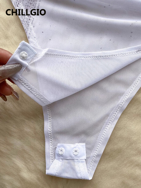 CHILLGIO pentru femei de culoare degradată din plasă Catsuits Body transparenti Sexy Bodycon Romper Top cu mânecă lungă Costume de femei șic și elegante