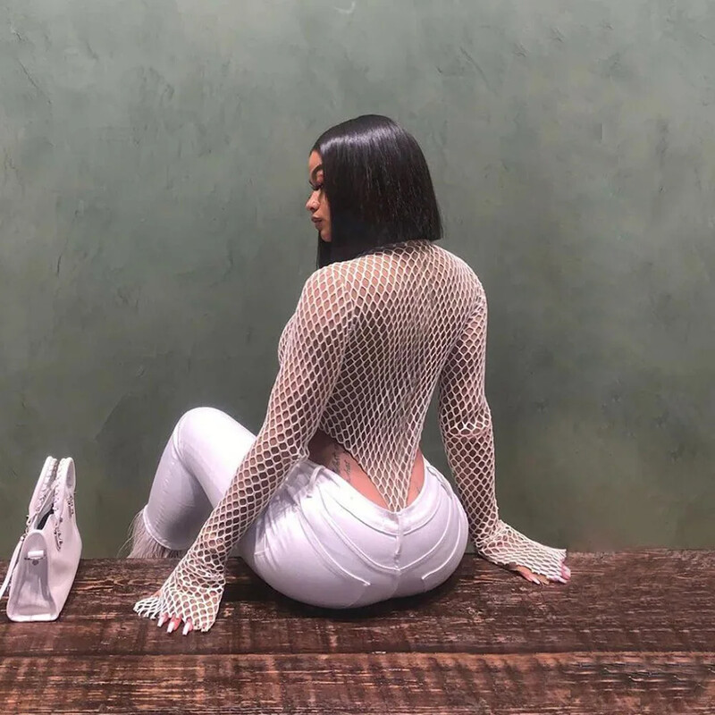 Bangniweigou salopete din plasă de plasă pentru femei, cu mânecă lungă, semi-transparentă, salopetă scurtă, toamnă iarnă