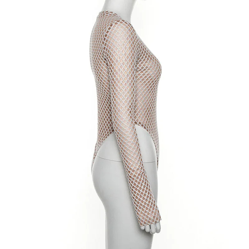 Bangniweigou salopete din plasă de plasă pentru femei, cu mânecă lungă, semi-transparentă, salopetă scurtă, toamnă iarnă