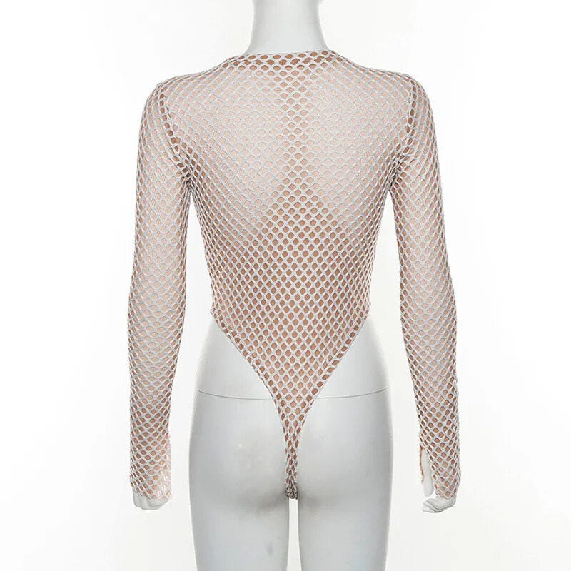 Bangniweigou salopete din plasă de plasă pentru femei, cu mânecă lungă, semi-transparentă, salopetă scurtă, toamnă iarnă