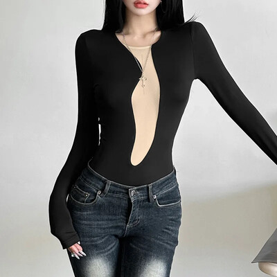 Cyber Y2K Mesh Patchwork Skinny Bodysuits Ženski Techwear Mall Gothic Topovi dugih rukava E-girl Prozirni jednodijelni Bodysuit