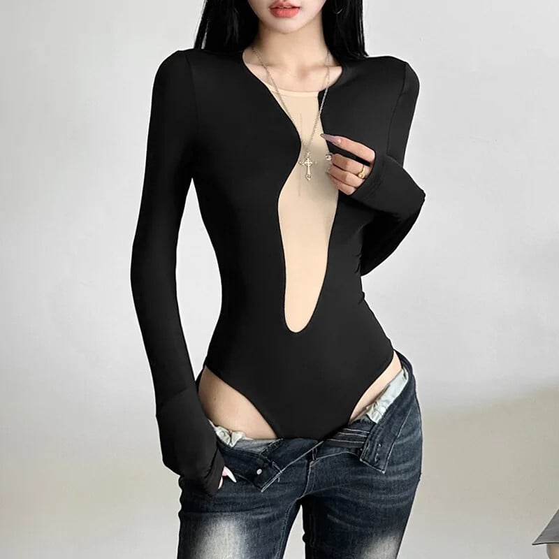Cyber Y2K Mesh Patchwork Skinny Bodysuits Ženski Techwear Mall Gothic Topovi dugih rukava E-girl Prozirni jednodijelni Bodysuit