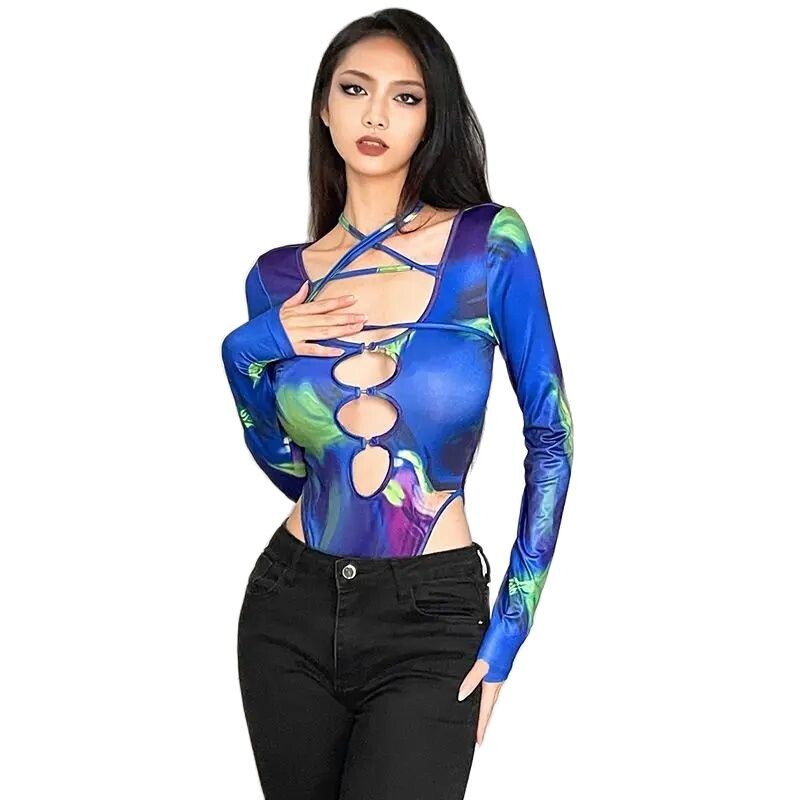 Body scobit în stil european și american, cu vopsea cravată, sexy, cu decolteu în V adânc, bandaj, corset, club de petrecere de toamnă, body cu mânecă lungă