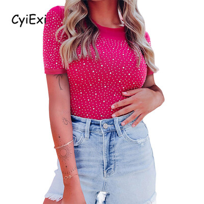 CyiExi Body sexy cu mânecă scurtă, cu strasuri, pentru femei, cu gât rotund, body body pentru femei, îmbrăcăminte de club de noapte, topuri S-XL