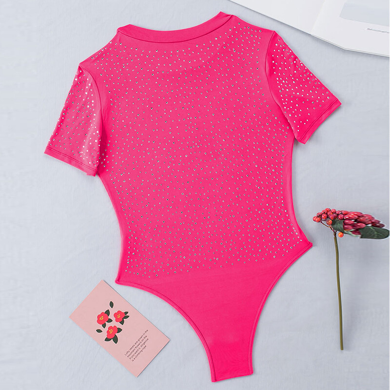 CyiExi Sieviešu seksīgs Rhinestone Bodijs ar īsām piedurknēm Bodycon Bodycon ar apaļu kakla apkakli Sieviešu naktsklubu apģērbi ķermeņa topi S-XL