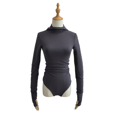 4 цвята 2023 Секси шлайфане Боди с водолазка с цял ръкав и качулка Дамски еластичен гащеризон Тънки гащеризони Боди костюми за игра Сиво