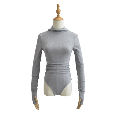 4 цвята 2023 Секси шлайфане Боди с водолазка с цял ръкав и качулка Дамски еластичен гащеризон Тънки гащеризони Боди костюми за игра Сиво