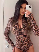 Toamna 2024 Body cu imprimeu leopard pentru femei, cu mânecă lungă, cu fermoar, salopete dintr-o bucată Topuri pentru club de noapte, îmbrăcăminte stradală, ținută sportivă, fitness